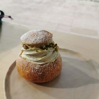 Vegan weekend special with Chantilly cream, pistachios, jelly and pistachio butter. Scrumptious! at Terço do Meio in Ericeira