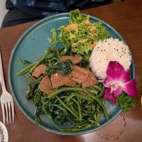 Vegan 'beef' stir fried with morning glory at De Tham Restaurant in Ho Chi Minh City