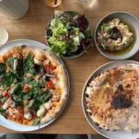 Vegan mushroom pizza, flatbread and hummus, salad at The Colourpatch  in Augusta
