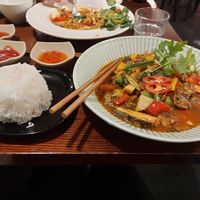 Sweet and sour fish with rice at Vegan Heaven in Fitzroy