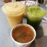 Mango Lassi (veganized), Green Gene (without agave), Tomato Chickpea soup at Green Medley in Moorestown