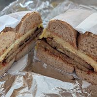 Vegan sausage, egg, and cheese with spk on a super whole wheat everything bagel. at Baron's Bagels in Brick