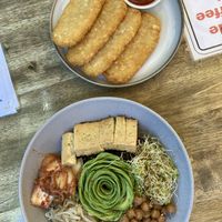 Hash browns , Buddha bowl w kimchi, teriyaki chickpeas, tofu, avocado and red rice   at Salt & Jam in Crows Nest