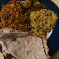 Tarka daal, saag aloo, vegetable fried rice and tandoori roti.  at Tudor Tandoori in Stonehouse