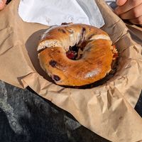 Blueberry Bagel with peanut butter and jelly. Yum. at hellosunshine! Bagel Bistro in Lake George