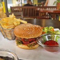 Really good vegan burger at Roots & Soul Café  in Accra