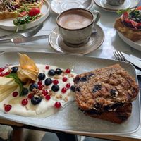 Banana bread and oat cappuccino  at Café Anoa in Ulm