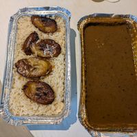 Too good to go meal (Maffé with rice and plantains) at The Jollof Man - Food Stall in East London