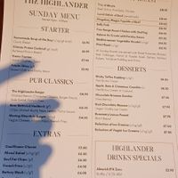 Sunday menu at The Highlander  in Newcastle Upon Tyne