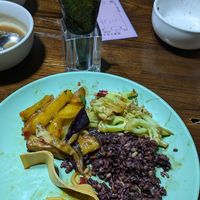 Some of the veggies, rice and bean curd in my  meal, not the best photo! at NénGrén Zhāi Guǎn 能仁斋馆 in Guilin