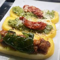 Polenta crema piselli&pomodoro secco, polenta con caponata  at Bacarando in Corte dell'Orso  in Venice