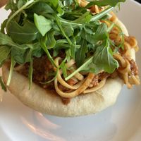 Pasta ragu in a bread bowll  at Dylan's in Conwy