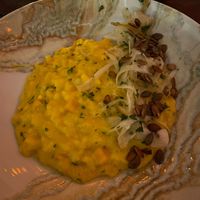 Pumpkin Risotto, Cured Lemon & Fennel Salad, topped with Puffed Pumpkin seeds at The Hidden Chapel Restaurant in Conwy