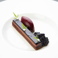 Chocolate vegan torte with blackcurrant sorbet at Elements in Bearsden