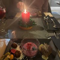 Trio dessert
Truffle with carob
Red fruit puding 
Date cake with caramel tahini  at MEZZE in Granada