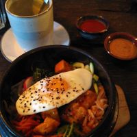 Hot bowl with tofu and egg, and tea at Mom's - Vegan Cooking in Berlin