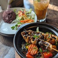 Mushroom sticks and baked vegetables with black rice and salad. at Mom's - Vegan Cooking in Berlin