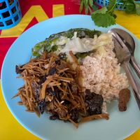 Rice with coconut curry and ginger mix mushrooms and mock meat at Somkid Vegetarian in Krabi