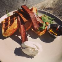 Pao de Queijo Waffles with a side of Seiten Bacon at Essential Vegan Cafe in East London