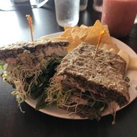 Vegan sandwich with cashew cheese  at Sweet Potato Kitchen in Hawi