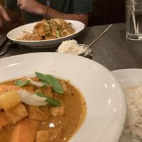 Massaman tofu curry, and veg pad Thai with tofu, plus vegan green papaya salad  at Thai House in Miami Beach