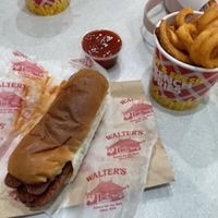 This is a double veggie dog with ketchup and curly fries.  at Walter's Hot Dogs - White Plains in White Plains