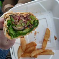 Humus vegetable wrap with fries from the deli. They offer a few vegetarian hot sandwiches that can easily be made vegan at Chuck's Produce and Street Market - Salmon Creek in Vancouver
