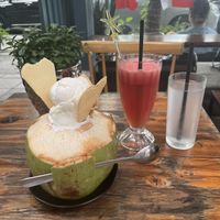 Coconut ice cream dessert, which included the water, and watermelon juice.  at Happy Cafe in Hanoi