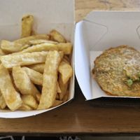 Chips and mushy pea fritter at Catch  in Looe