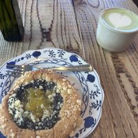 Matcha latte and traditional pastry   at Kauka in Bratislava