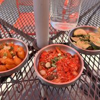 Free appetizers. Spicy potatoes, zucchini, and KimChee  at Bebap in Rochester