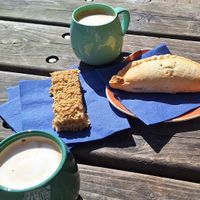 Apricot flapjack & veggie pasty at Elan Valley Visitor Centre Cafe in Rhayader