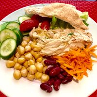 Hummus, salad and bread at Red Diamond in Dubai