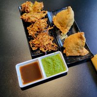 Onion bhaji and veggie samosas at Maharaja Royal Bites in Reno