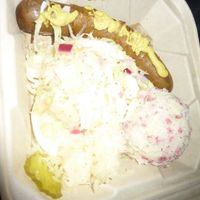 Vegantoberfest  brats with potato salad & sauerkraut; best Oktoberfest meal ever at BBQ Revolution in Austin