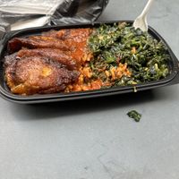 Small Jollof with plantain and spinach   at DF Nigerian Food Truck in New York City