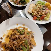 Soy meat main dish & sides from the buffet  at Sabor Cochabambino in Potosi