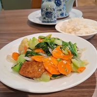 Garlic stir-fried veges- I asked for added tofu at small additional cost. 

Very nice at Dumplings On The Green in Gloucester