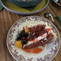 Vegan red velvet cake with fruits   at Vegan Chouke in Brussels