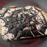 Wednesday (scream cheeze and black sesame tahini swirled like a web on sourdough) at Memento Mori Cafe in Portland