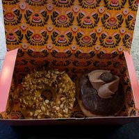 Left: Bienenstich. Right: chocolate mousse. at Brammibals Donuts - Europlatz in Berlin