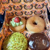 Strawberry matcha, cinnamon, Boston cream and pistachio  at Brammibals Donuts - Europlatz in Berlin