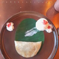 Ela adda with vegan ice cream (rice pancake stuffed with jaggery and dried fruits) at Herb  in Leamington Spa