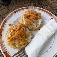 Crumpets with cream cheese and kimchi at Colin's in Chepstow
