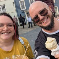 Use enjoying the banana custard ice cream on a bench nearby the cafe. at Colin's in Chepstow