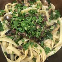 Pasta w garlic sautéed mushrooms and Pinot Gris   at Lovely Vegan Homestay in Newstead