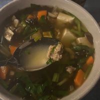 Meat (pork) in vegetarian soup.   at The Belle Rive Terrace in Luang Prabang