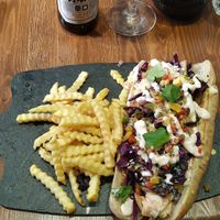 Great vegan hot dog with an Asahi beer. The staff is very nice and explain whats on the menu! at The Grassy Hopper in Gzira