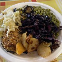 Stuffed mushroom, roast potato, sautéed cabbage and zucchini and fresh peas!!  at Lelé - Natural Food in Rome