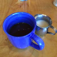 coffee and soy milk (also option of almond milk) at Farmhouse Cafe and Bakery in El Prado